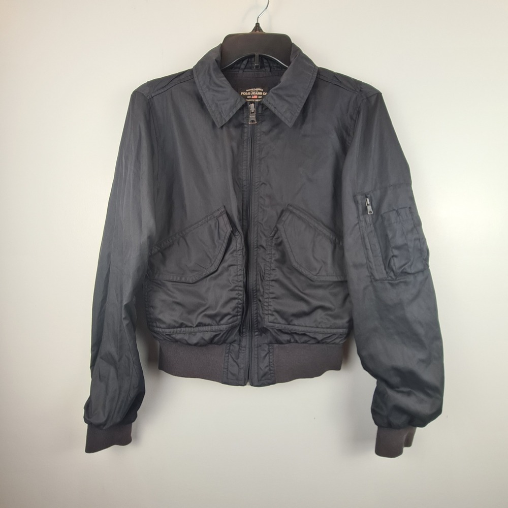 Ralph Lauren Polo Jeans Co Womens Black Bomber Flight Jacket Small Zip Vintage